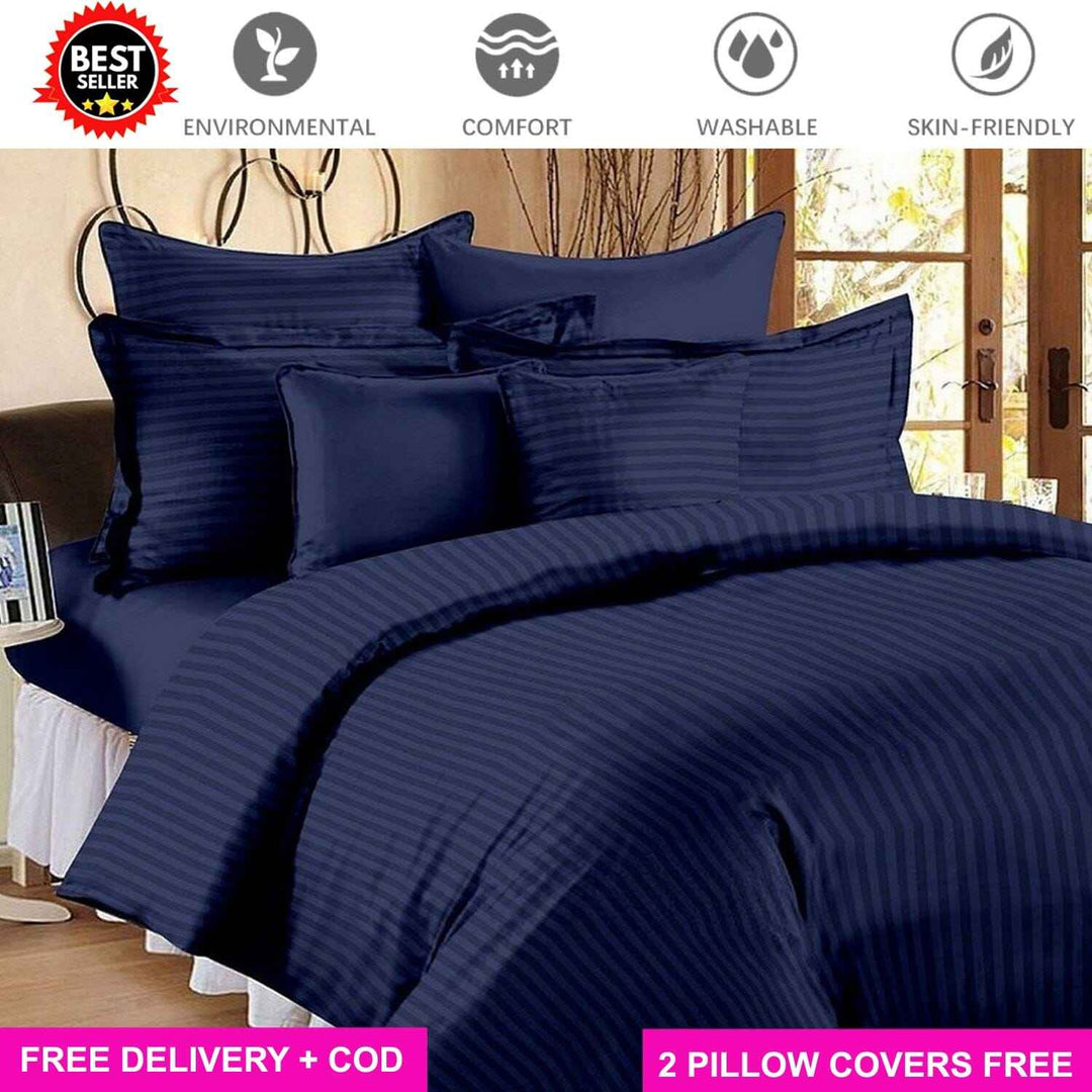 Satin Navy Blue Full Elastic Fitted Bedsheet with 2 Pillow Covers