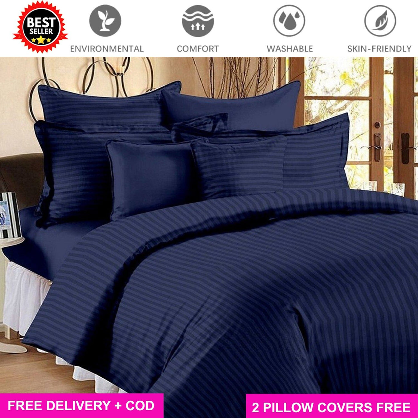 Satin Navy Blue Full Elastic Fitted Bedsheet with 2 Pillow Covers Bed Sheets Great Happy IN KING SIZE - ₹1299 
