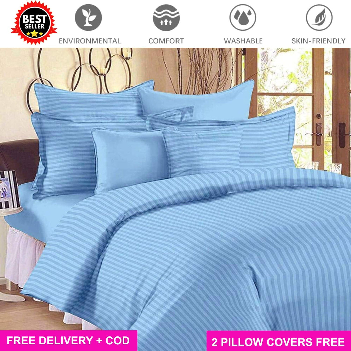 Satin Sky Blue Full Elastic Fitted Bedsheet with 2 Pillow Covers Bed Sheets Great Happy IN KING SIZE - ₹1299 