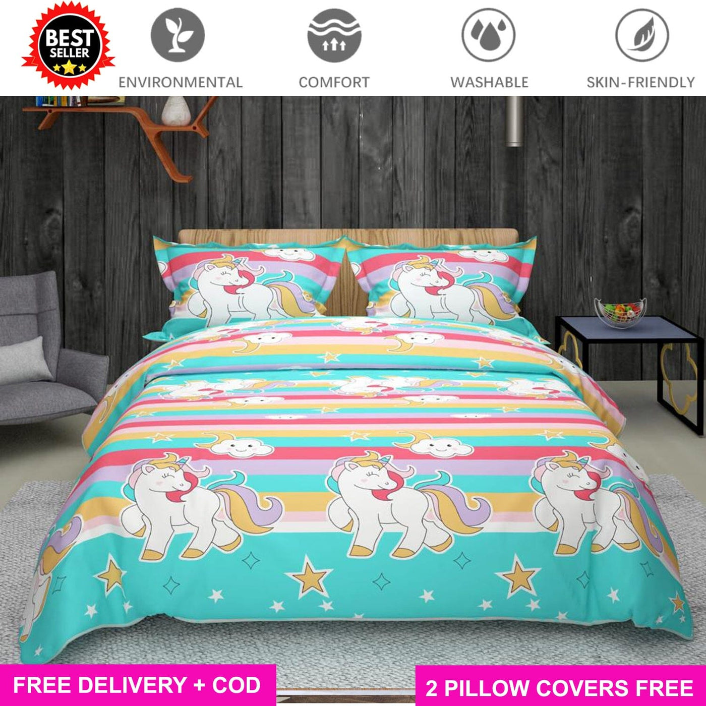 Unicorn Full Elastic Fitted Bedsheet with 2 Pillow Covers - King Size Bed Sheets Great Happy IN 