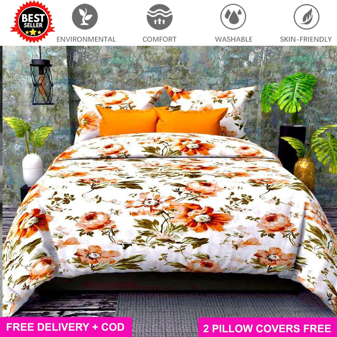 White Orange Floral Full Elastic Fitted Bedsheet with 2 Pillow Covers - King Size Bed Sheets Great Happy IN 