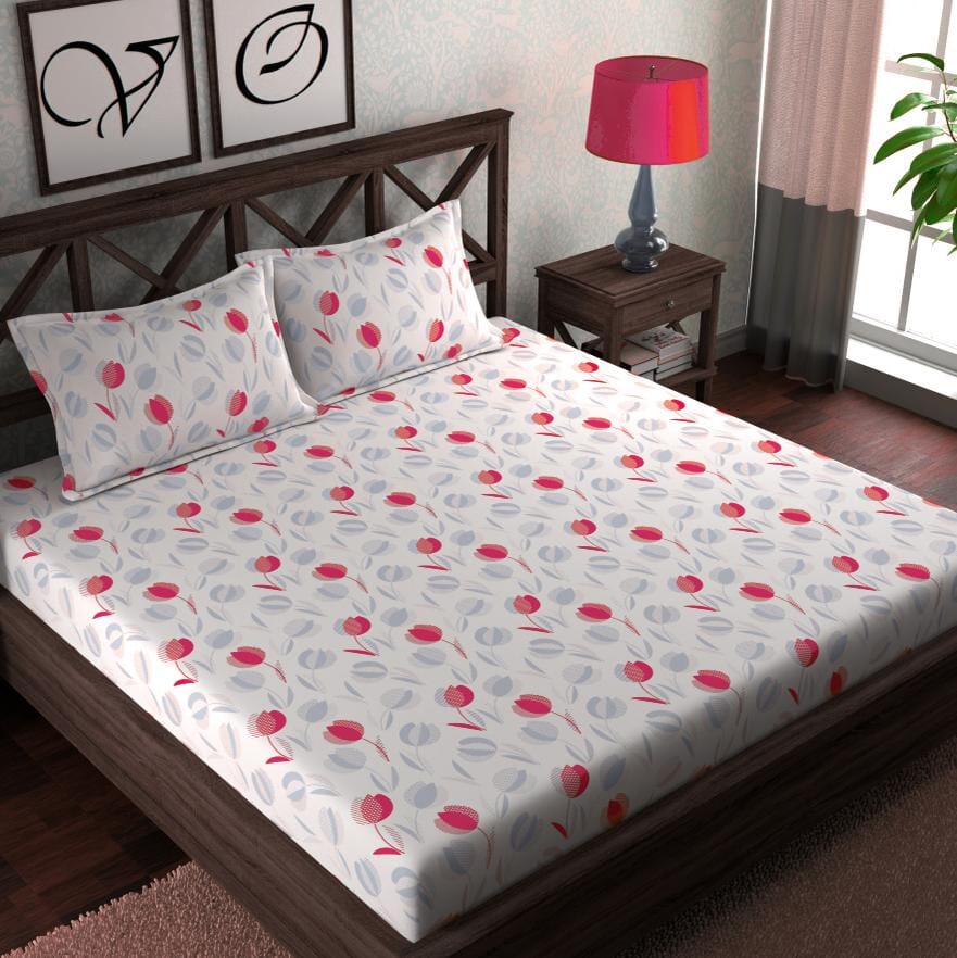 Cotton Elastic Fitted Bedsheet with 2 Pillow Covers - Fits with any Beds & Mattresses Great Happy IN Red Tulip KING SIZE 