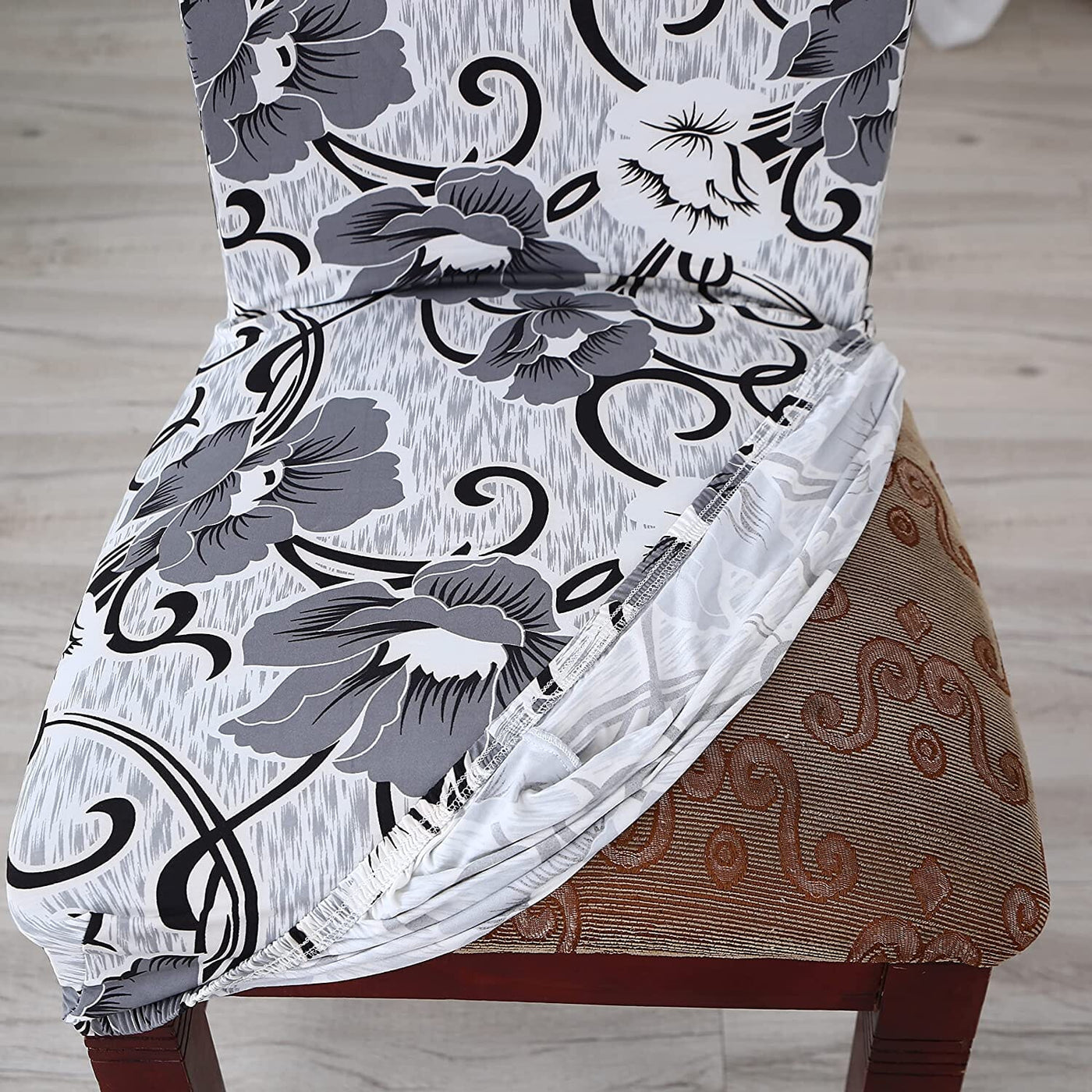 White Grey Flower Premium Chair Cover - Stretchable & Elastic Fitted Great Happy IN 