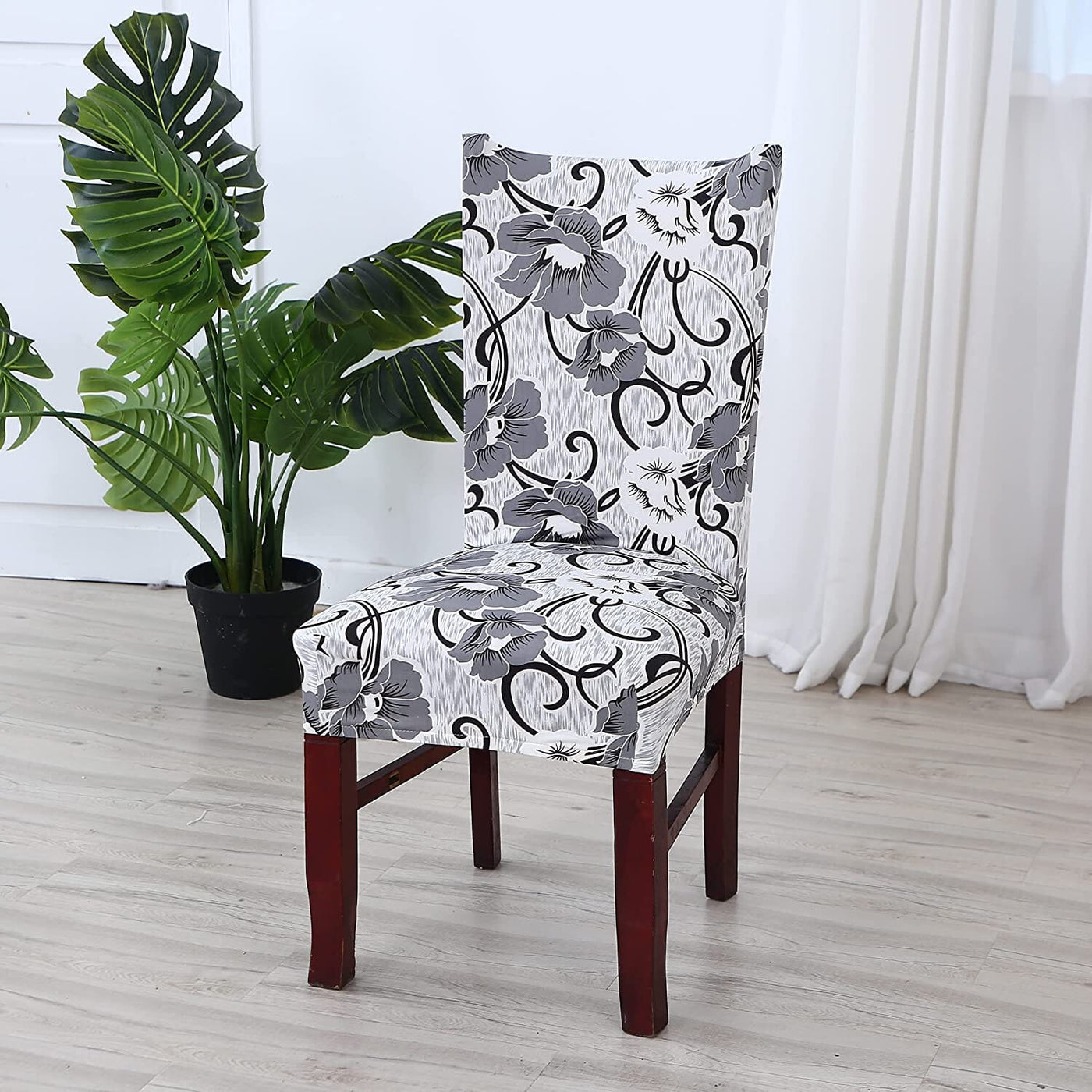 White Grey Flower Premium Chair Cover - Stretchable & Elastic Fitted Great Happy IN 2 PCS - ₹799 