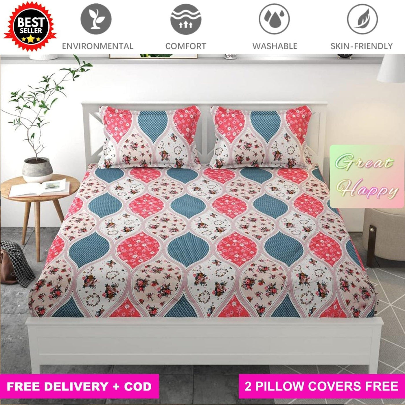 White Red Floral Full Elastic Fitted Bedsheet with 2 Pillow Covers Bed Sheets Great Happy IN KING SIZE - ₹1299 