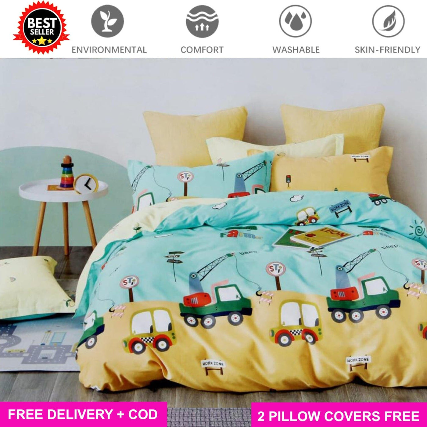 Yellow Bus Full Elastic Fitted Bedsheet with 2 Pillow Covers - King Size Bed Sheets Great Happy IN 