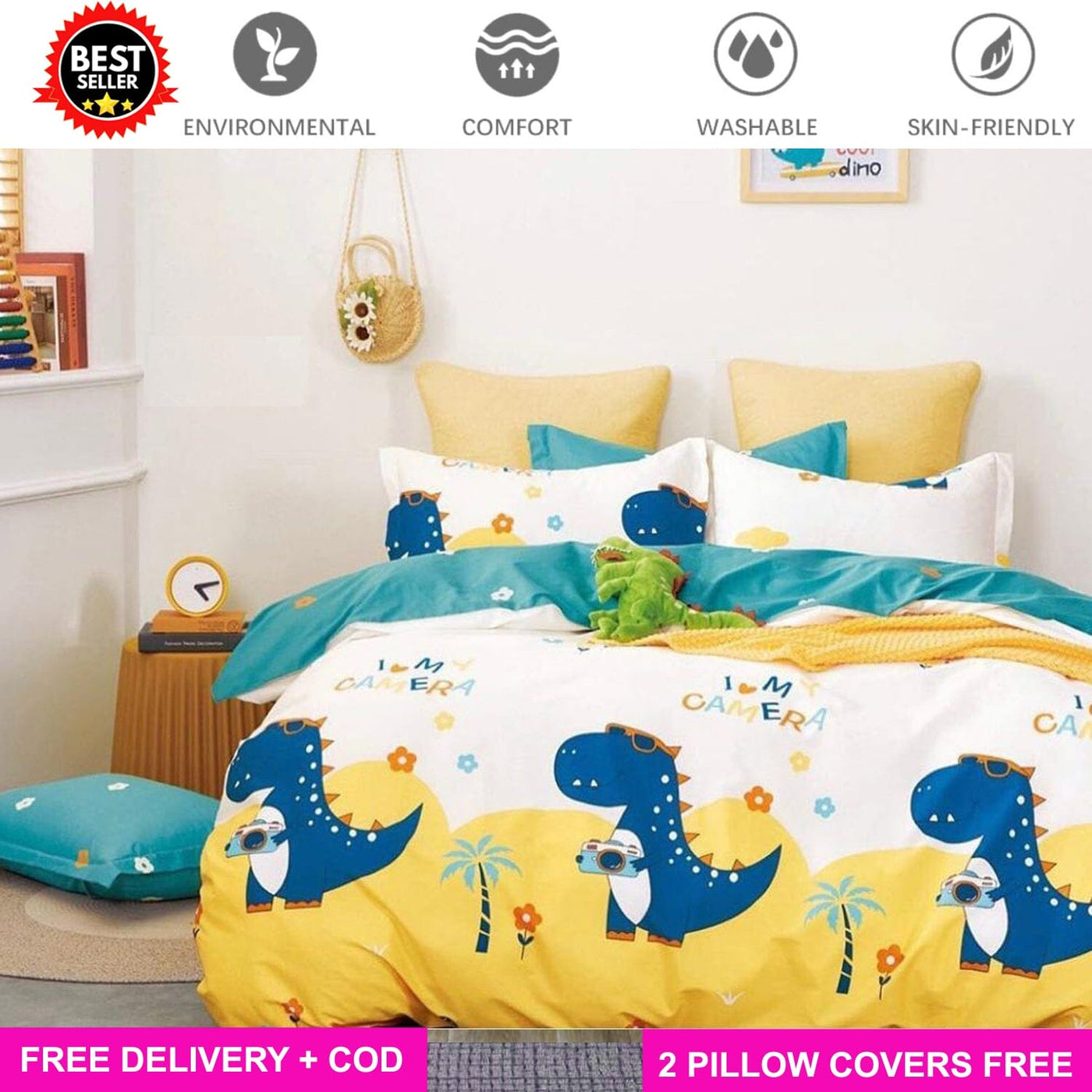 Yellow Dinosaur Full Elastic Fitted Bedsheet with 2 Pillow Covers - King Size Bed Sheets Great Happy IN 