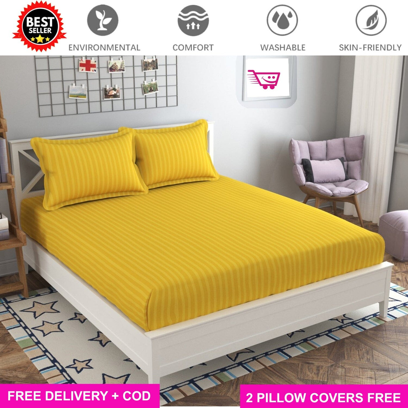 Yellow Satin Full Elastic Fitted Bedsheet with 2 Pillow Covers - King Size Bed Sheets Great Happy IN 