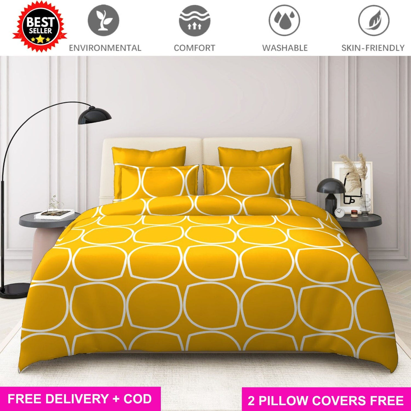 Cotton Elastic Fitted Bedsheet with 2 Pillow Covers - Fits with any Beds & Mattresses Great Happy IN Yellow Ellipse KING SIZE 