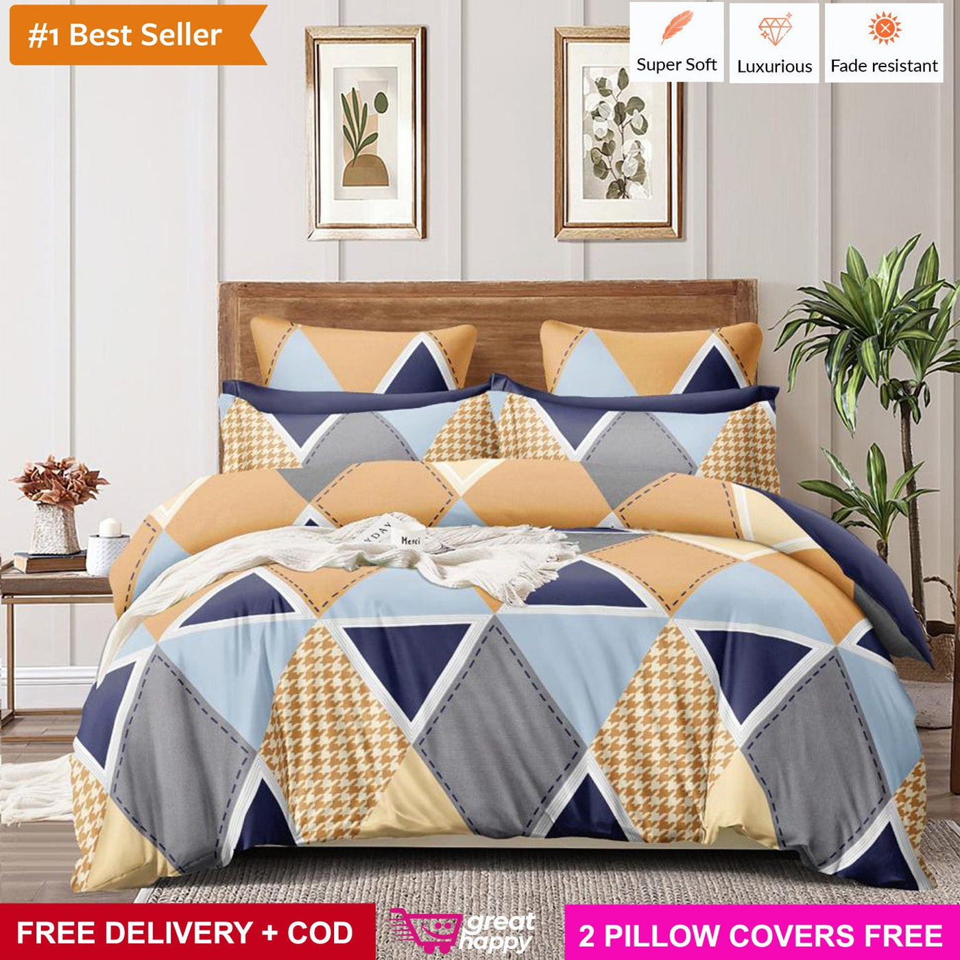 Premium Bedsheet with 2 Pillow Covers - Supersoft & Comfortable Great Happy IN Yellow Grey Prism 
